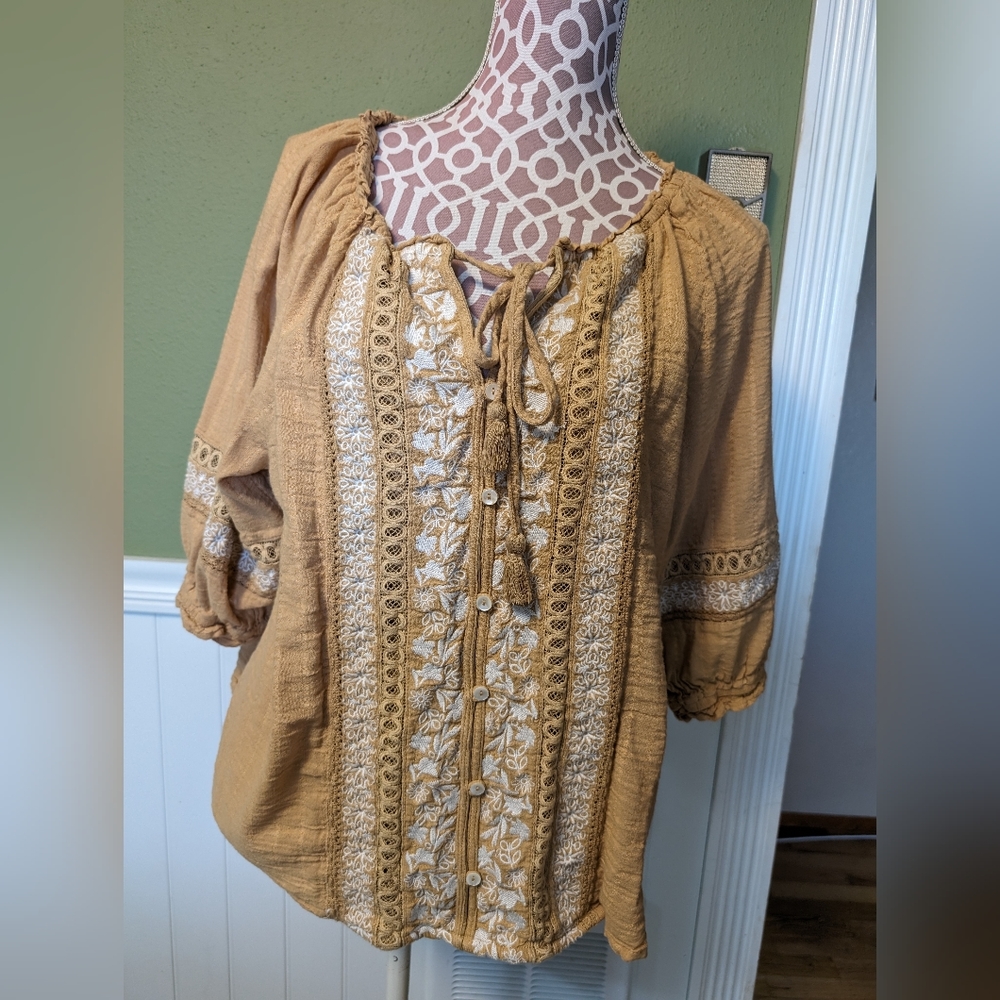 Cotton & rye mustard color embroidered boho short sleeve top Xxl
